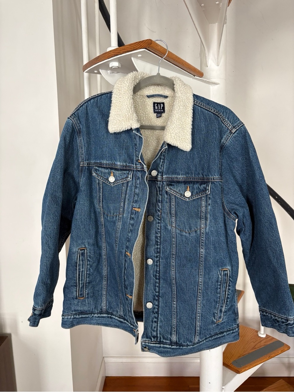 GAP Blue Denim Jacket with Cream Sherpa Collar